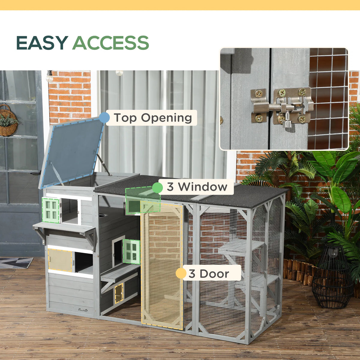 Wooden Cat Catio 76"L Walk in Outdoor Cat House with Asphalt Roof Platforms - Image 4