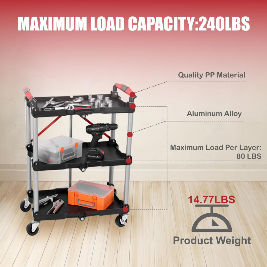 Foldable Utility Service Cart 3 Shelf Heavy Duty Plastic Rolling Cart With - Image 5