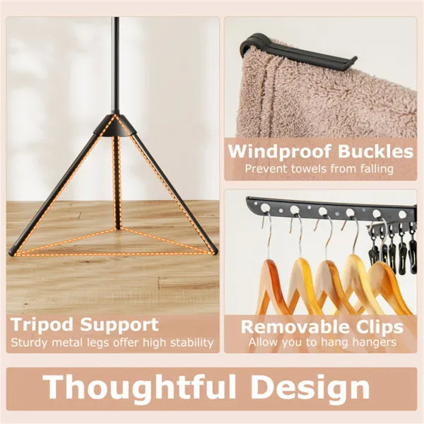 3 Tier Foldable Tripod Clothes Drying Rack With 24 Clips & 32 Rods 70" Space - Image 2