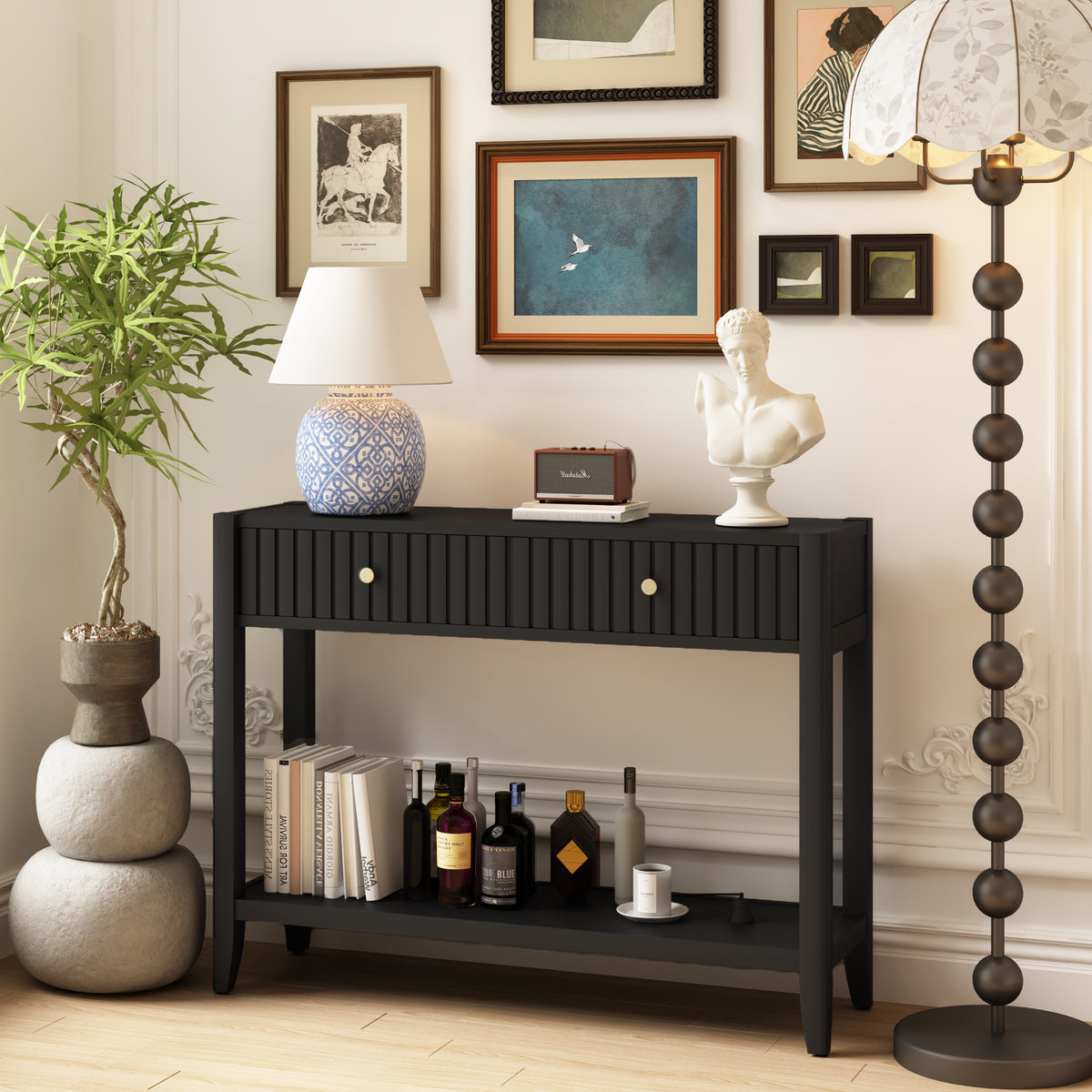 Black Narrow Console Table with Drawers and Storage Shelf