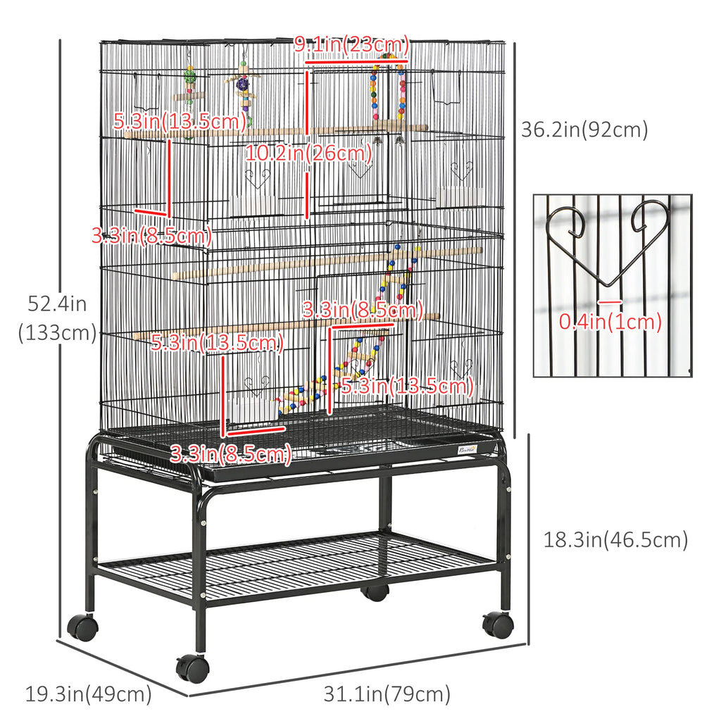 52" Bird Cage with Rolling Stand Toys for Budgies Canaries Black - Image 3