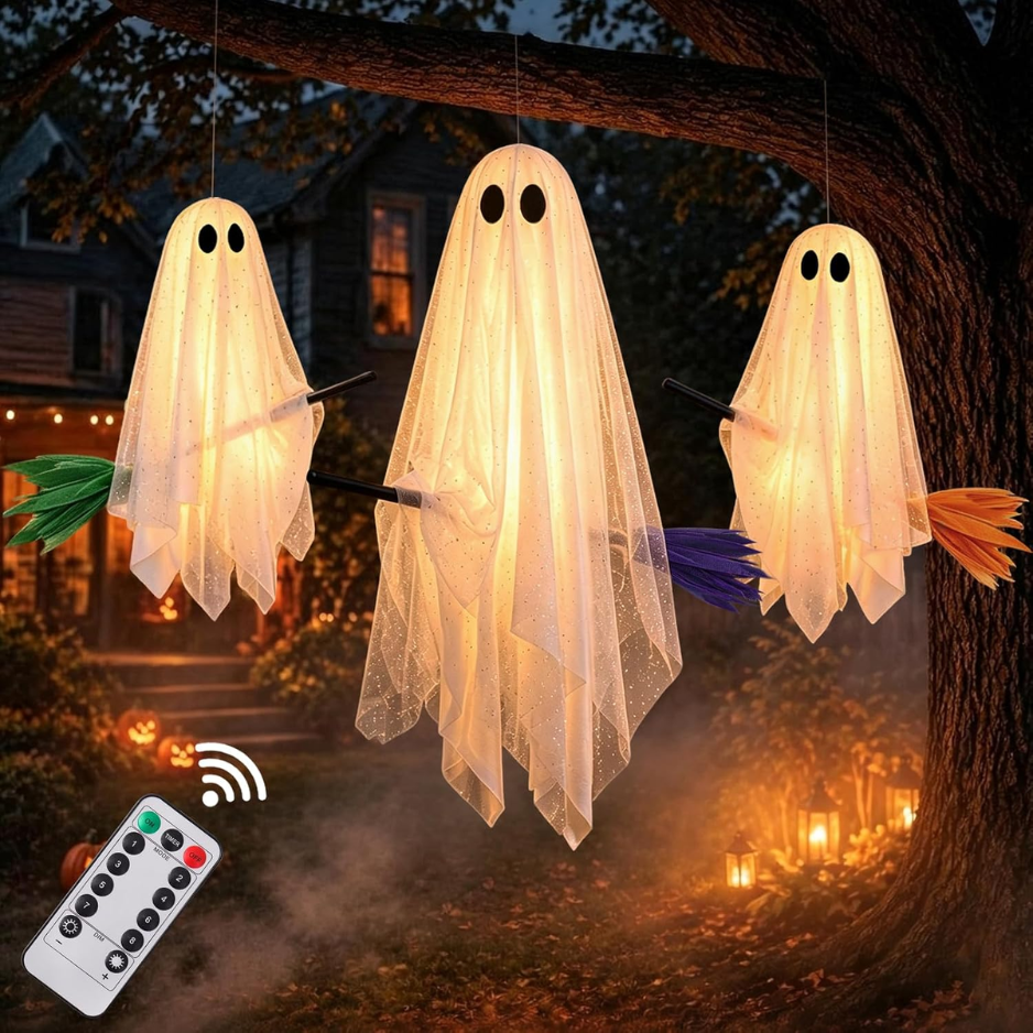 3 Pack Halloween Decorations Outdoor Hanging Decor Light Up Ghosts On Broom - Image 4