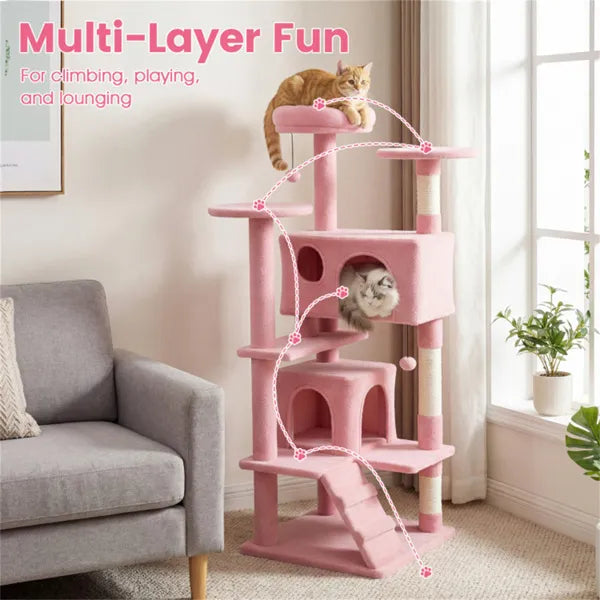 52" Tall Cat Tree Tower With Perches & Condos Multi Cat Playground With - Image 5