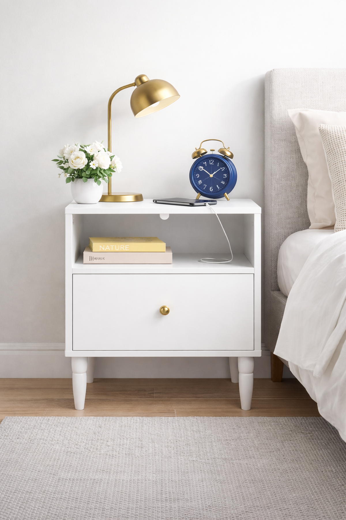 White Nightstand with Drawer, Open Shelf and Gold Knob