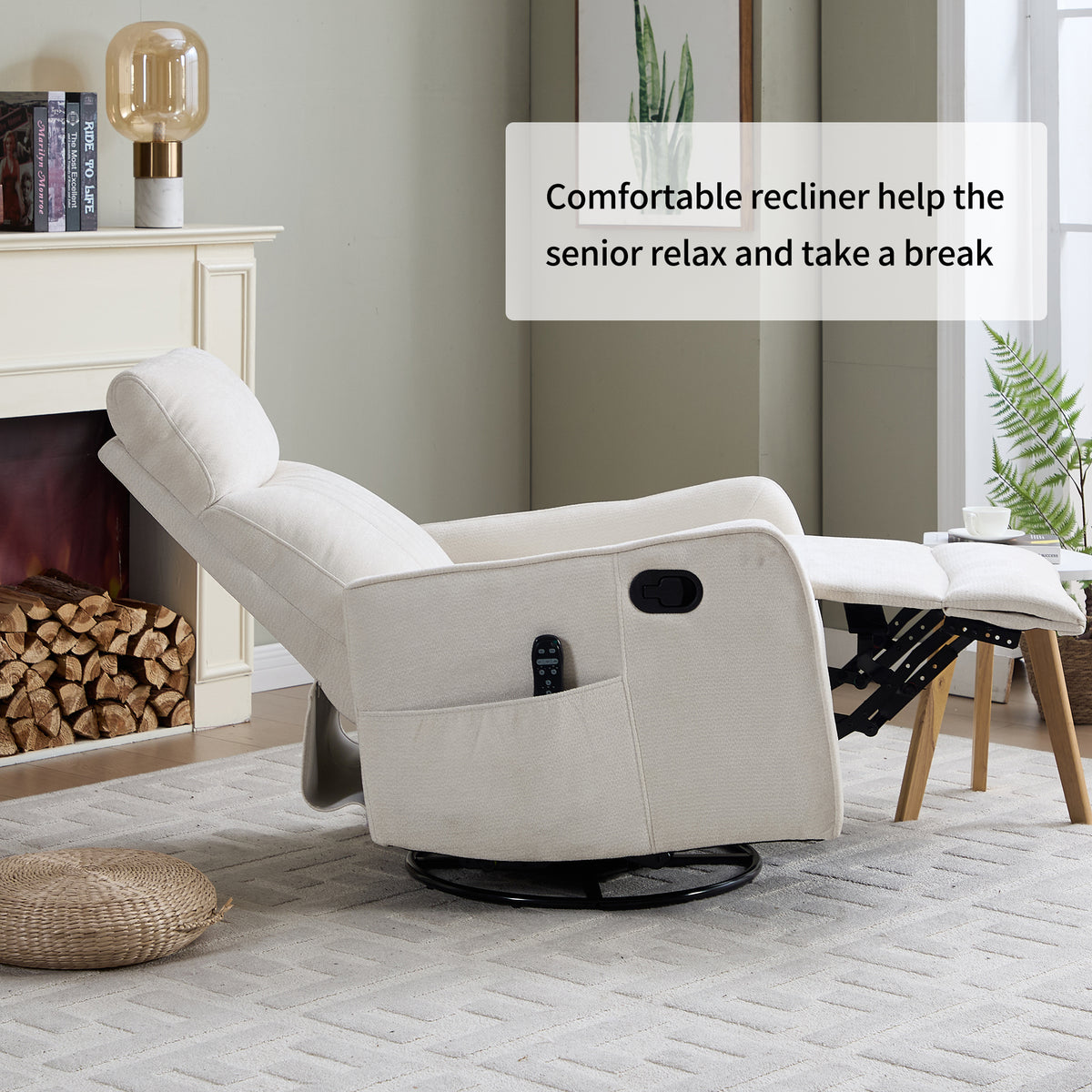 Beige Heat Massage Manual Recliner Chair with Rocker and Swivel in Fabric for