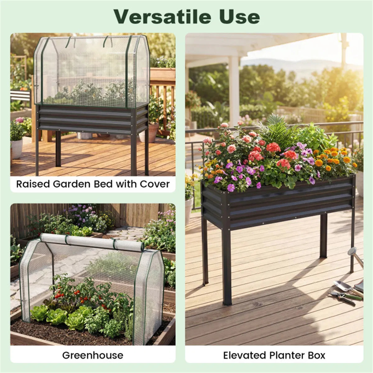 3 in 1 Metal Raised Garden Bed with Mini Greenhouse Cover Elevated Planter Box - Image 4