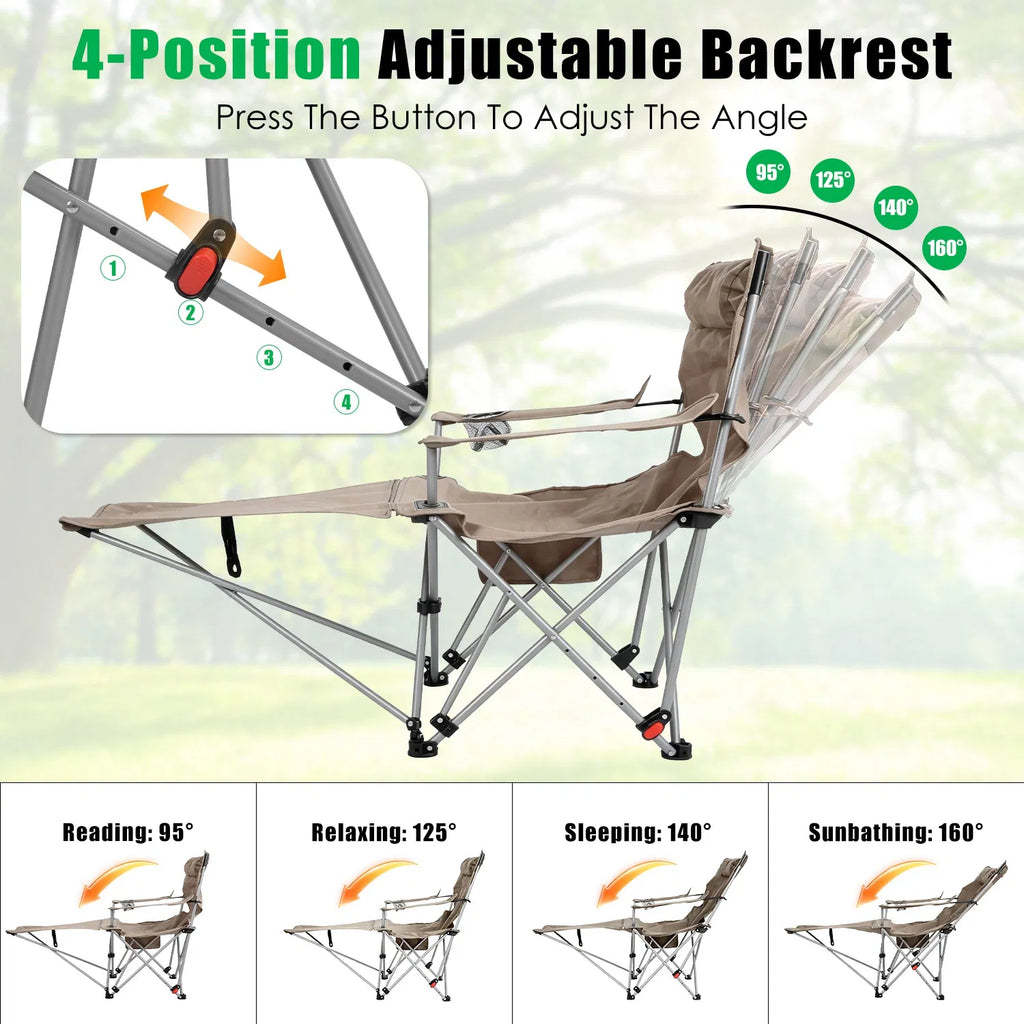 1Pc Reclining Camping Chair with Footrest 4 Position Adjustable Outdoor Folding - Image 2
