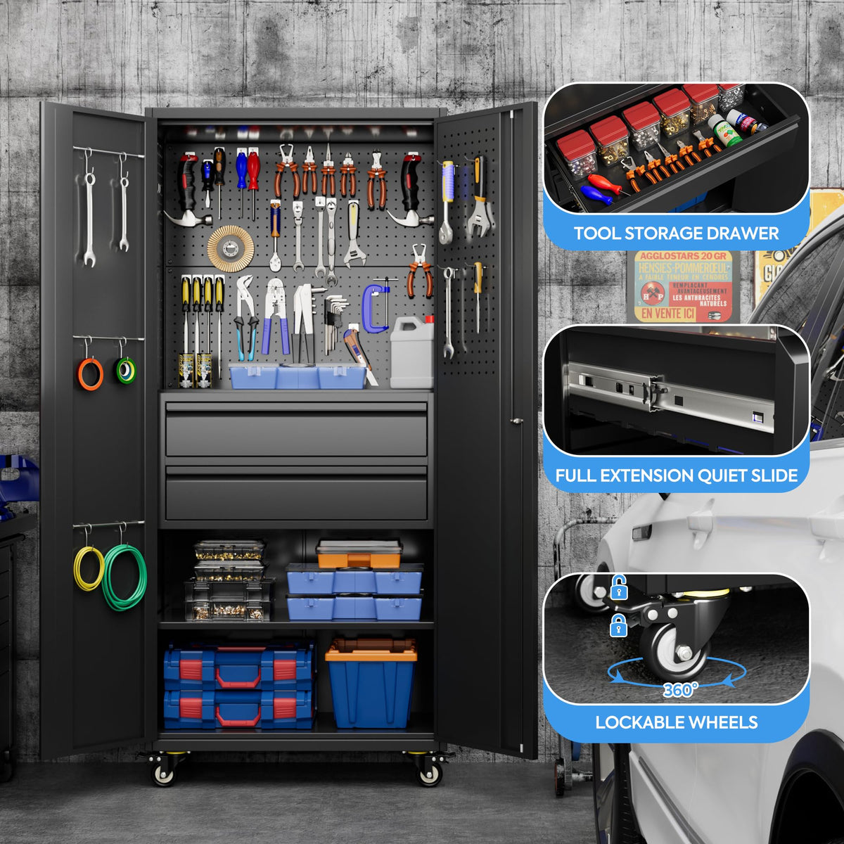 METAN 71inch Lockable Metal Tool Cabinet With 2 Drawers 4 Wheels & Pegboards - Image 5