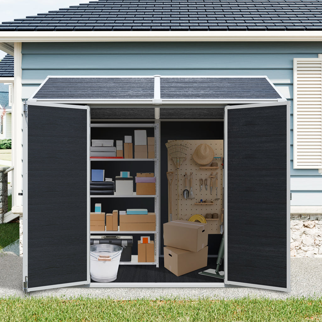 8x6ft all weather resin outdoor storage shed with heavy duty floor and dual windows in black - angle 2 detail