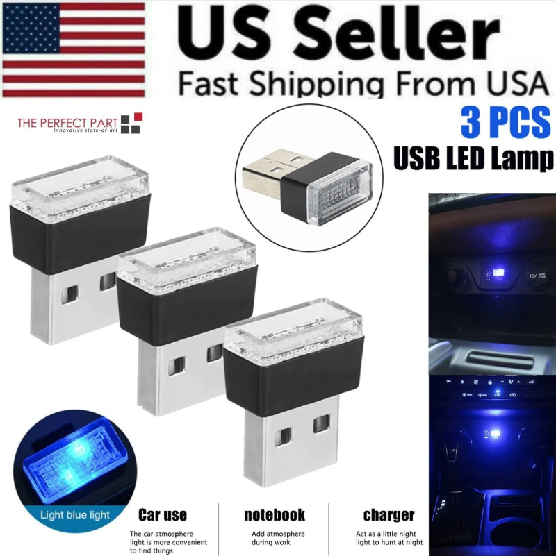 3x Mini Blue LED USB Car Interior Light Neon Atmosphere Ambient Lamp Accessories - Image 5