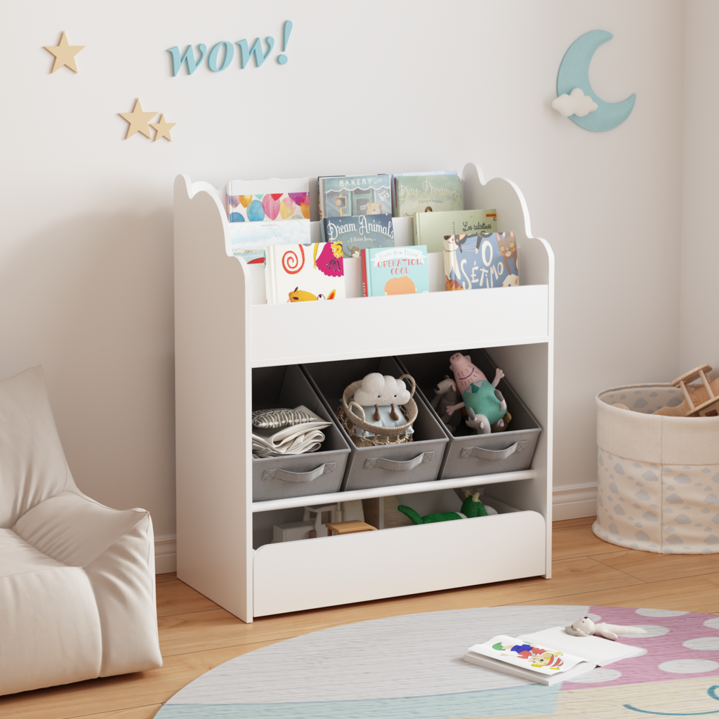 Kids bookshelf with storage bins and drawer