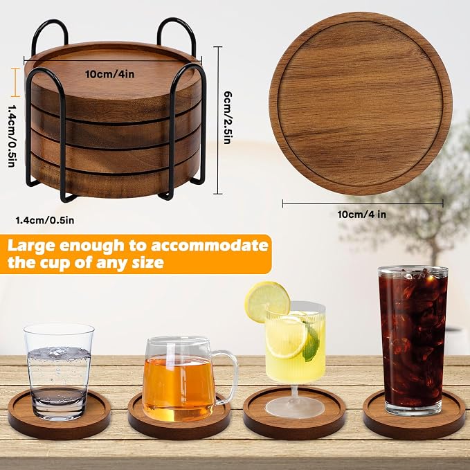 4 Pcs Wooden Drink Coasters With Holder Absorbent Coaster Set For Coffee - Image 4