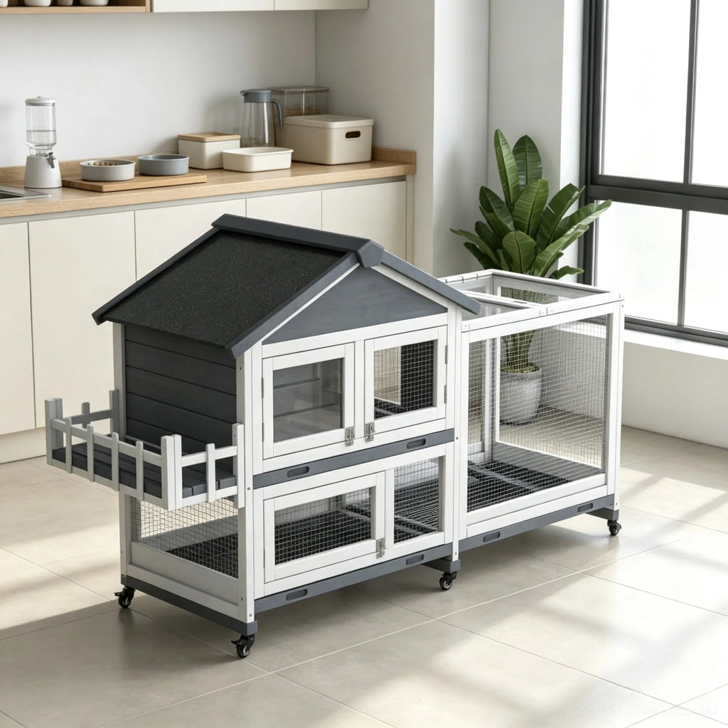 Gray 65" Spacious Wooden Rabbit Hutch Pet Playpen With Openable Roof For Easy - Image 4