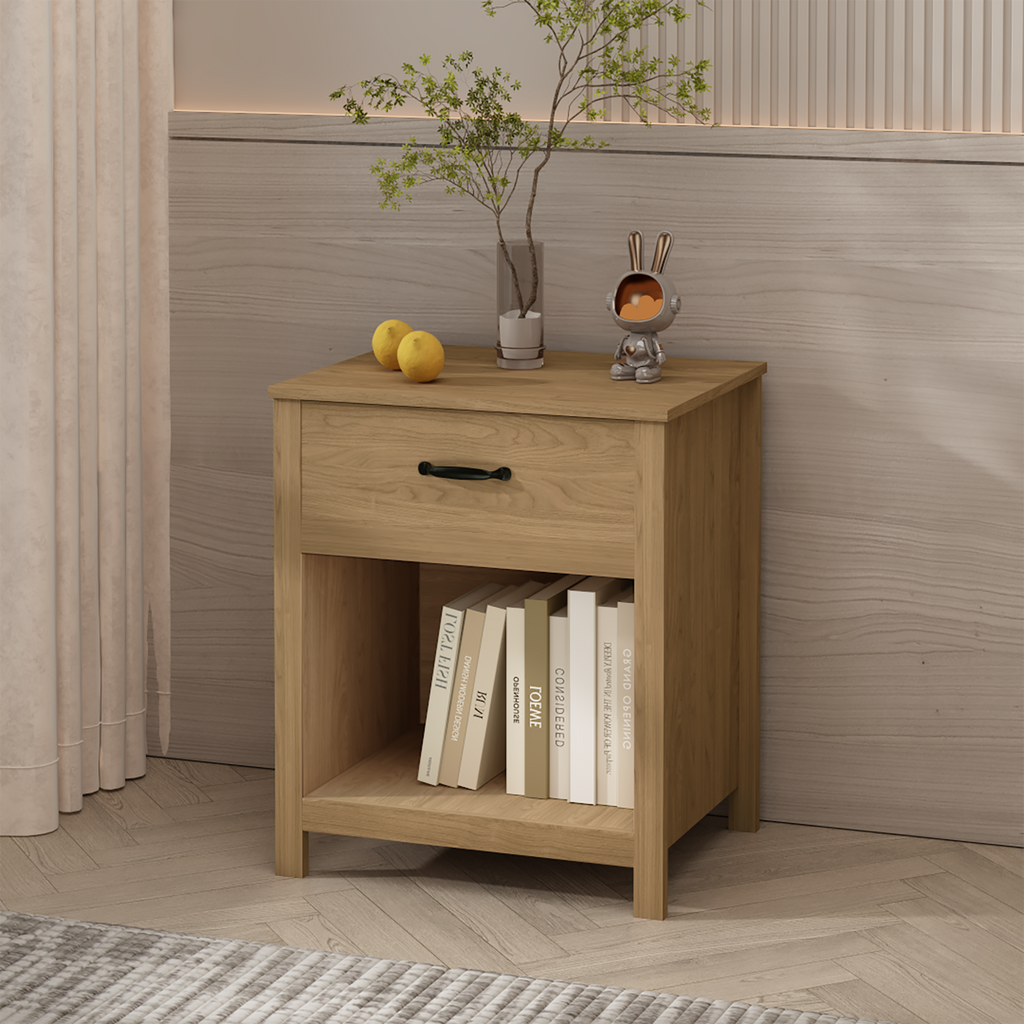 Natural Wood Nightstand with Drawer and Open Shelf