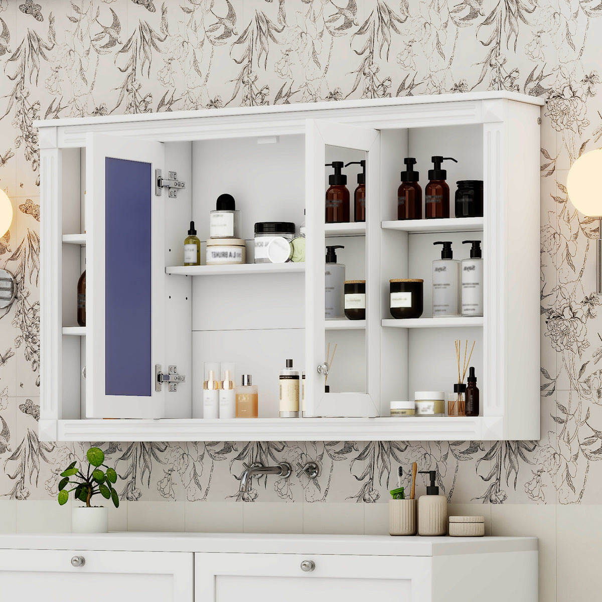 47-Inch White Bathroom Mirror Cabinet