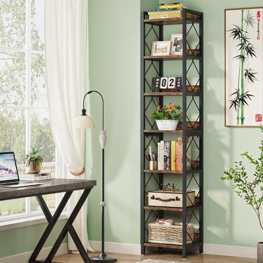 Rustic Brown Seven-Tier Storage Bookshelf