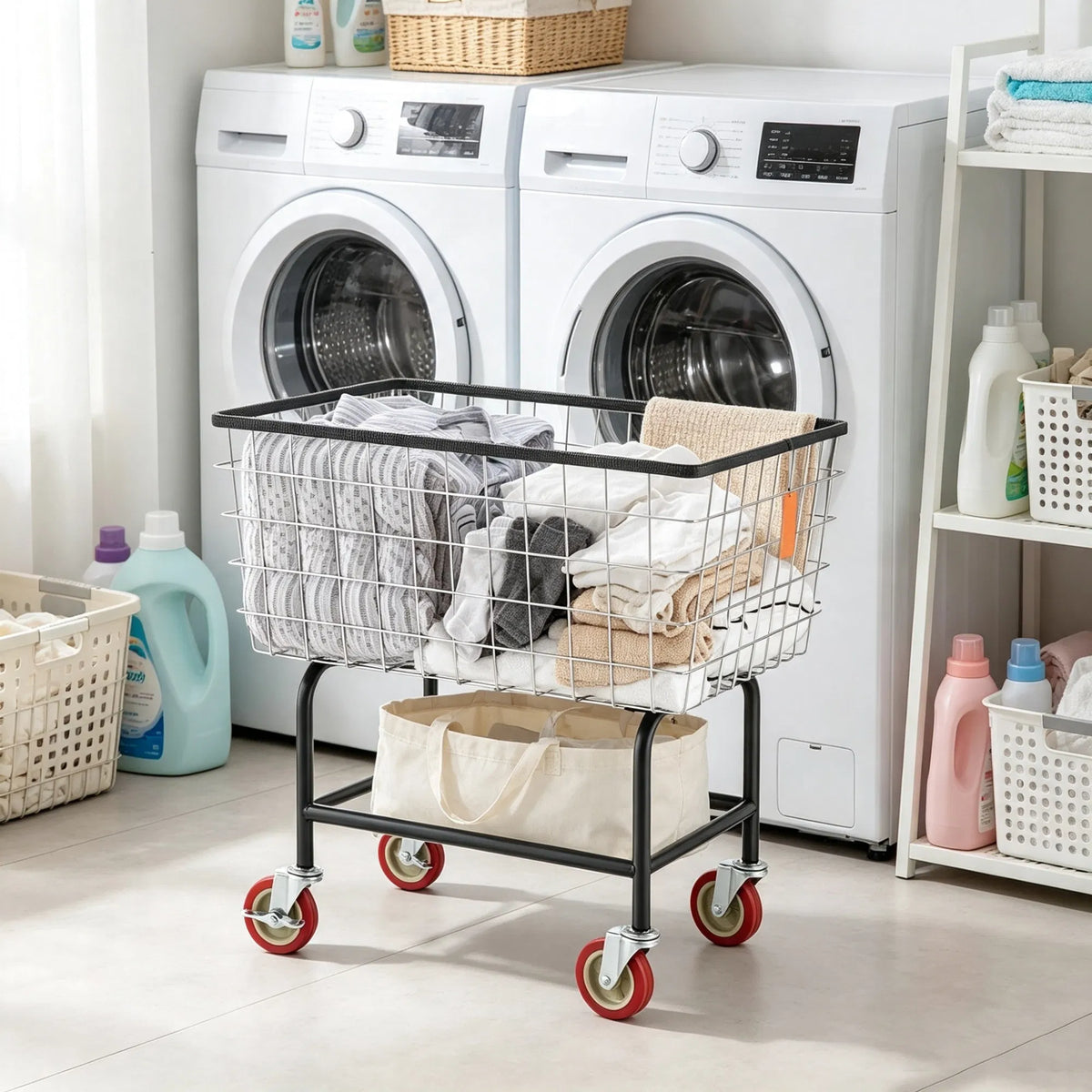Wire Laundry Cart 2.8 Bushel Wire Laundry Basket with Wheels 26.7" x 21.7" x - Image 4