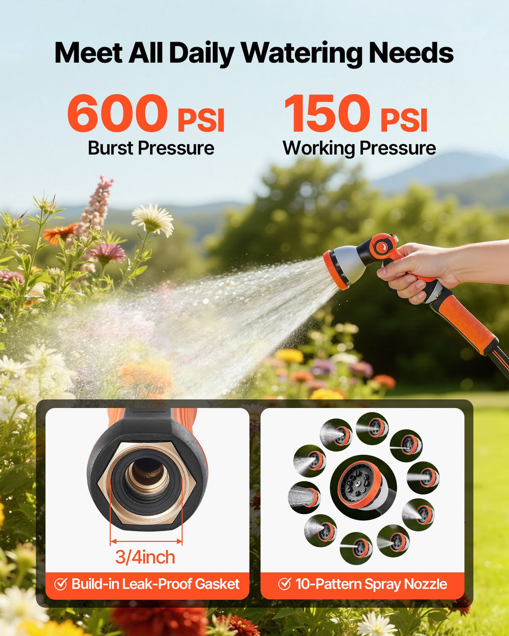 Garden Hose 200 Ft 5 8' Heavy Duty Rubber Water Hose With 10 Mode Nozzle - Image 4