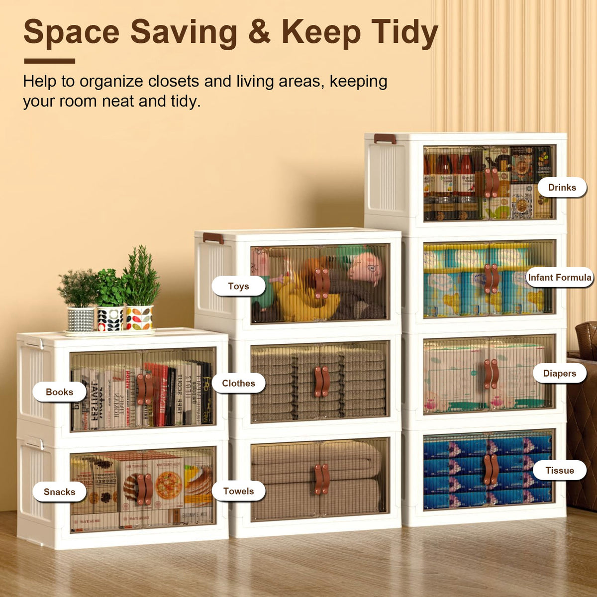 3Pcs Foldable Storage Bins With Lid Wheels Front Magnetic Door Fedex - Magnetic Door Opening Detail
