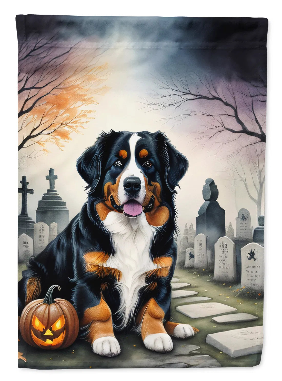 Bernese Mountain Dog Spooky Halloween House Flag Large Porch Sleeve Pole