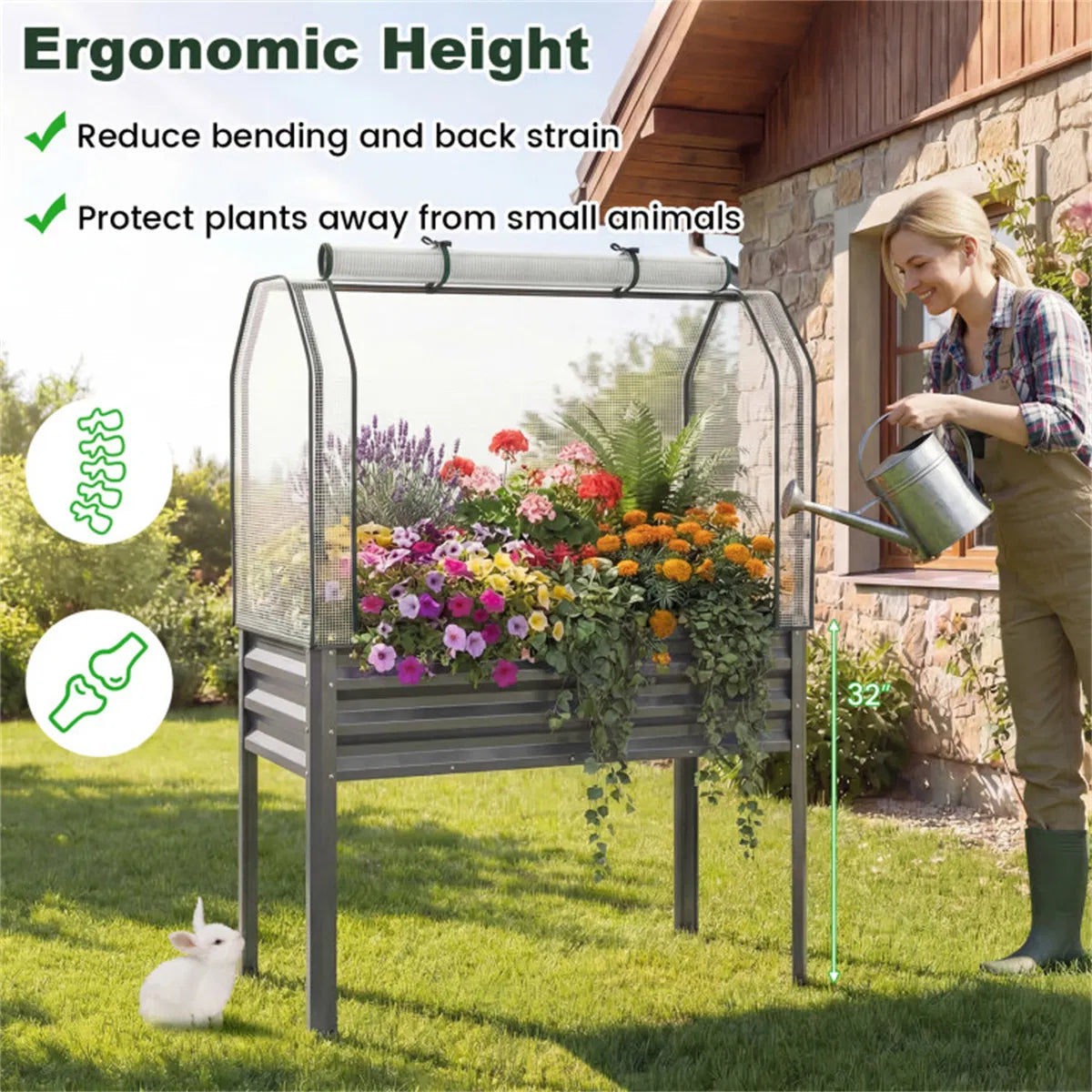 3 in 1 Metal Raised Garden Bed with Mini Greenhouse Cover Elevated Planter Box - Image 4