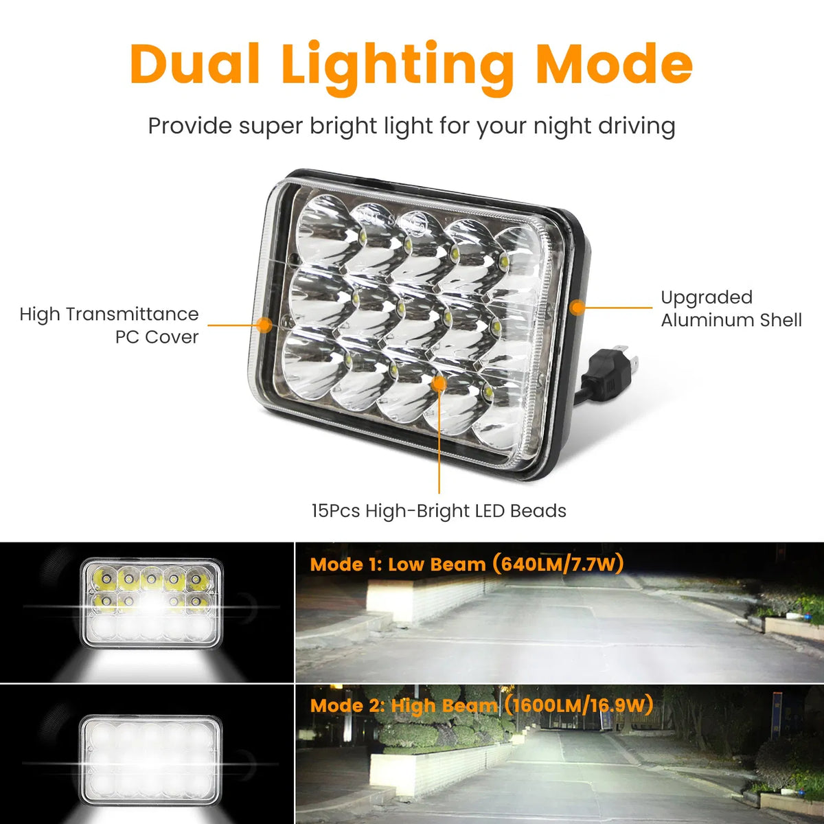 4x6in Car LED Headlights Vehicle Rectangular Headlamp with H4 Socket - Image 2