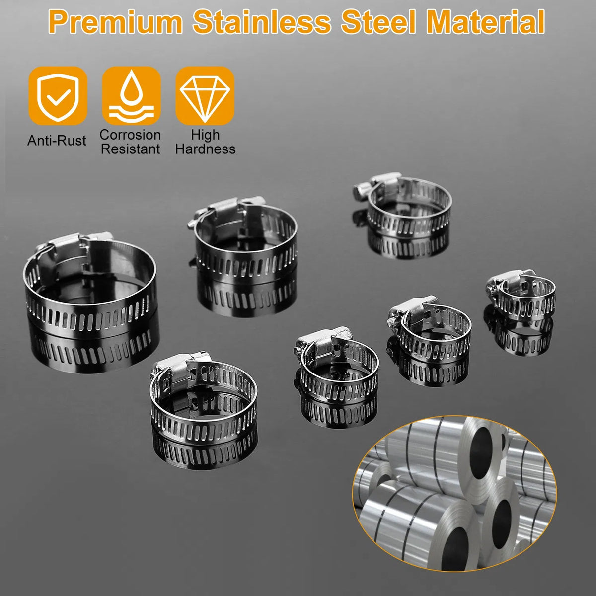 60Pcs Hose Clamp Set Stainless Steel Adjustable Worm Gear Assortment Pipe Tube