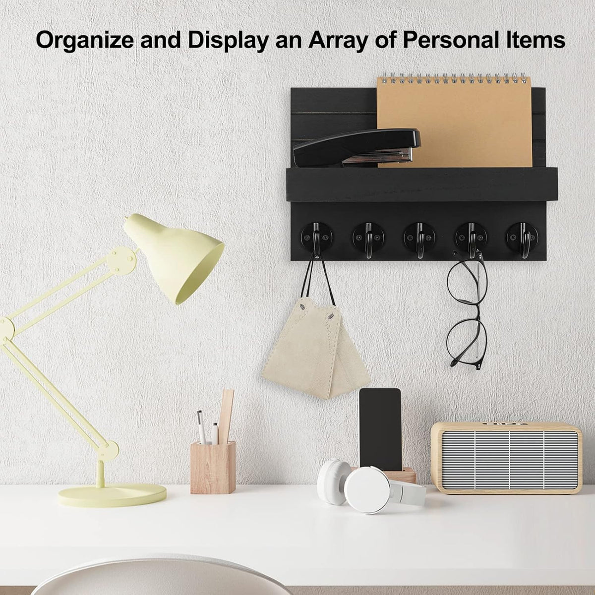 wall-mounted key holder with mail sorter shelf close-up