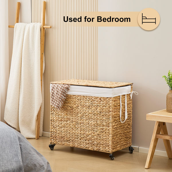 160L 3 Section Laundry Hamper With Lid And Wheels Woven Natural Water Hyacinth - Image 2