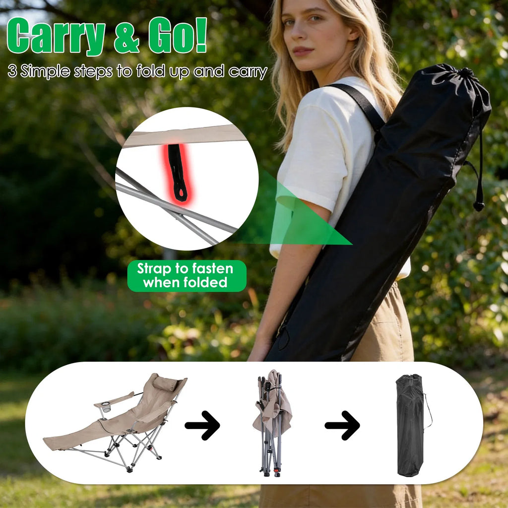 1Pc Reclining Camping Chair with Footrest 4 Position Adjustable Outdoor Folding - Image 5
