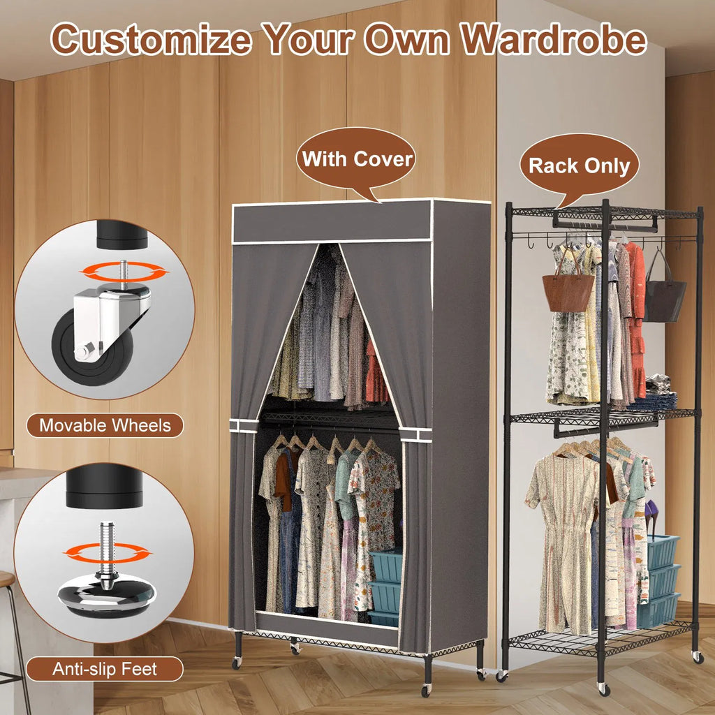 2 Tier Clothing Rack With Cover Portable Wardrobe Closet Covered Garment Rack - Image 5