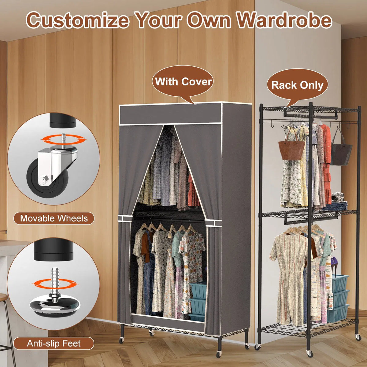 2 Tier Clothing Rack With Cover Portable Wardrobe Closet Covered Garment Rack - Image 5