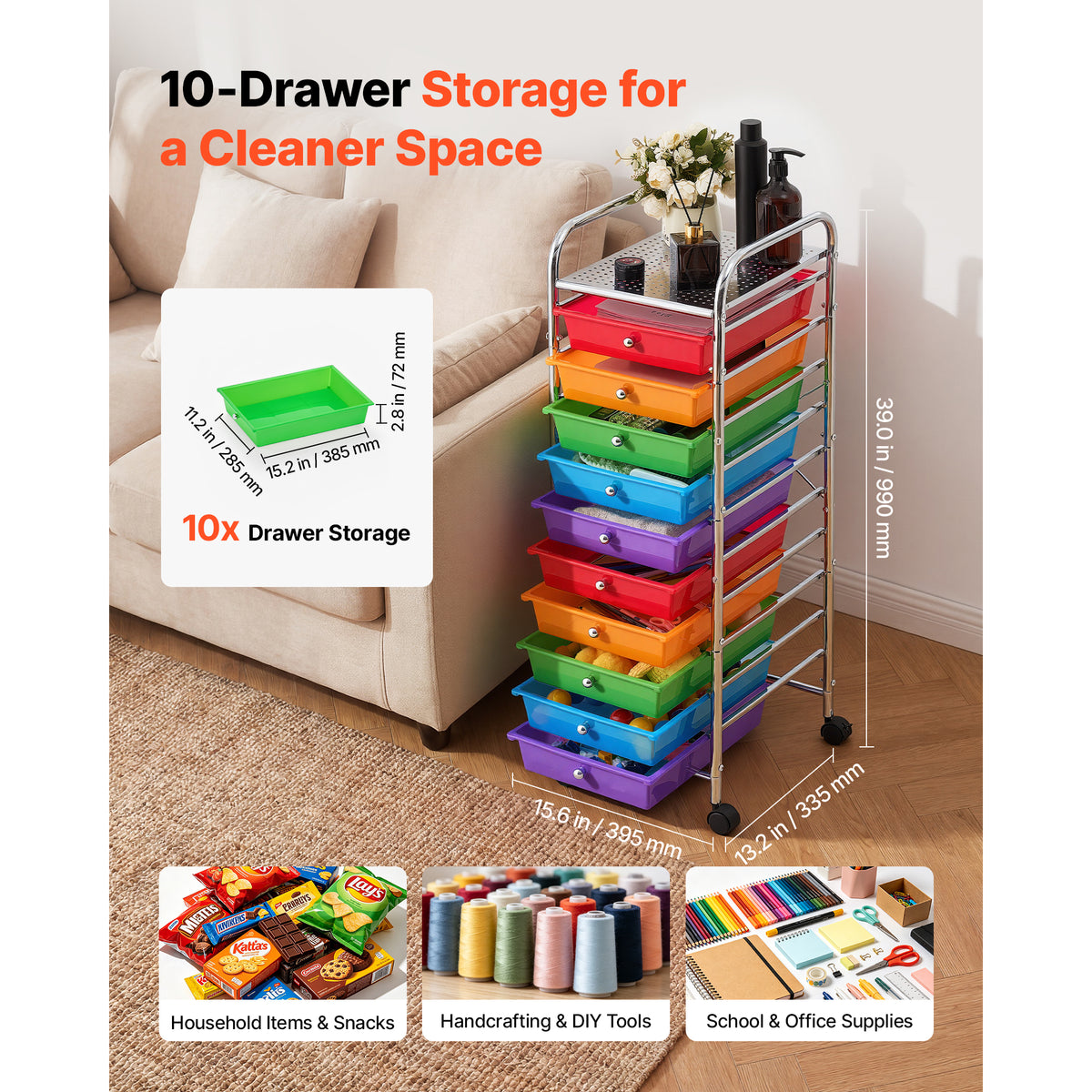 Rolling Cart With Drawers 10 Drawer Storage Organizer Mobile Utility Cart - Image 4