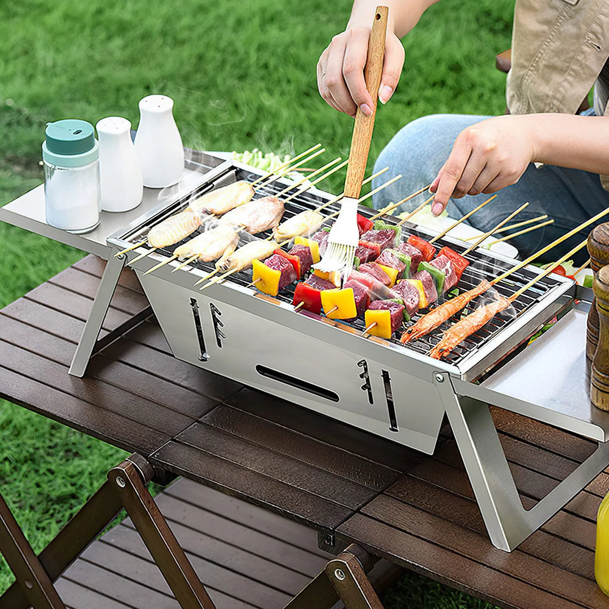 Foldable Charcoal BBQ Grill Stainless Steel Grill Net Easy Setup Portable - Image 5