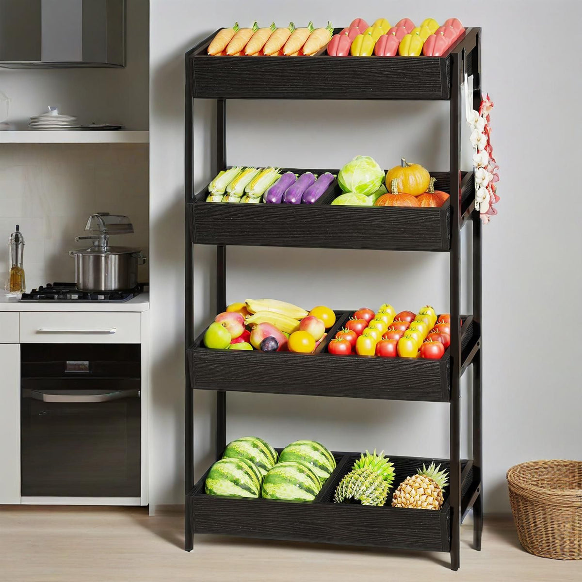Wood Fruit And Vegetable Basket Stand Rack For Kitchen Office Store