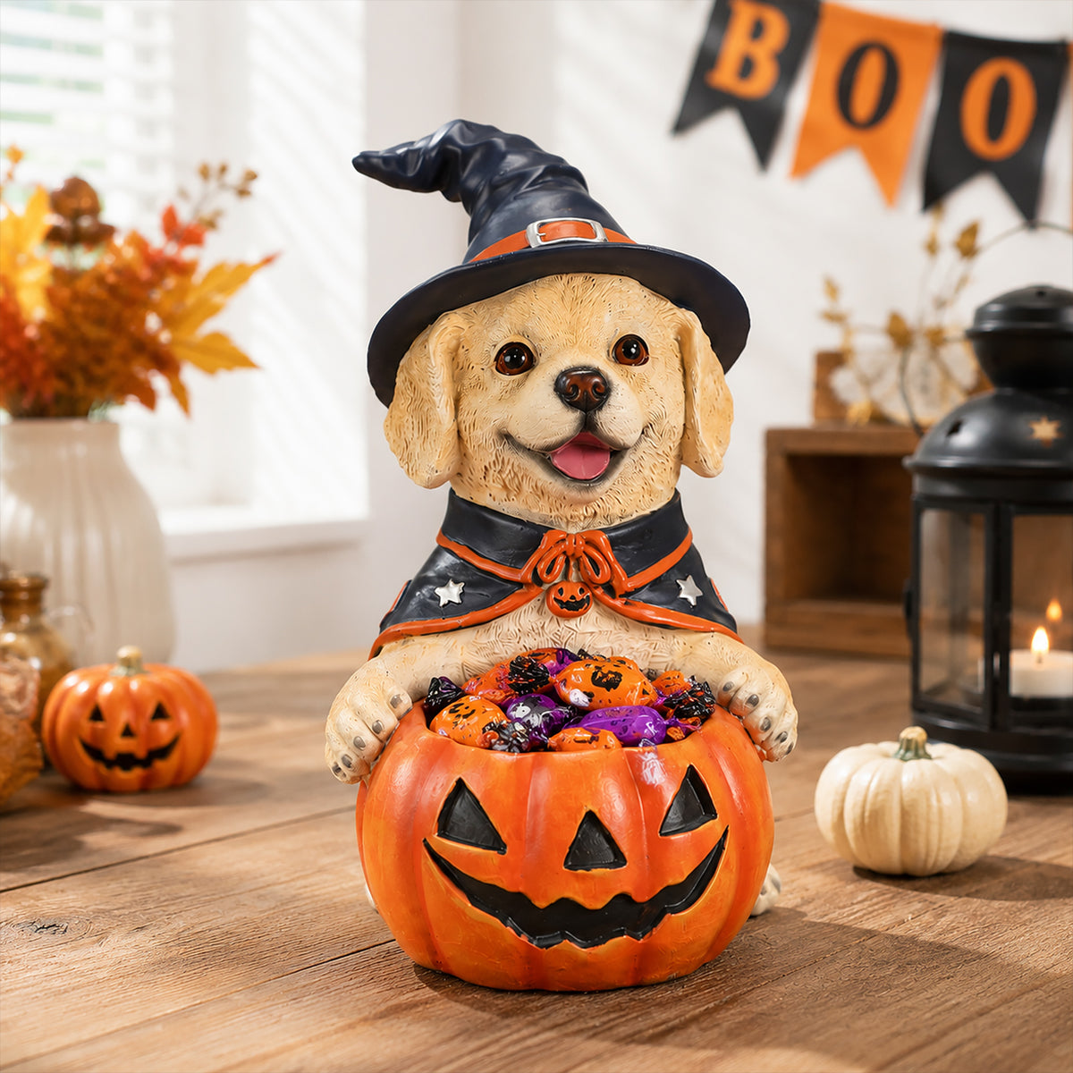 Halloween Labrador Retriever Witch Puppy Figurine Cute Dog Holding Pumpkin - Image 4