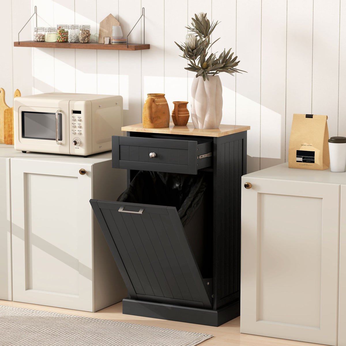 10 Gallon Tilt Out Trash Cabinet Wooden Hidden Trash Can with Storage Drawer - Image 5
