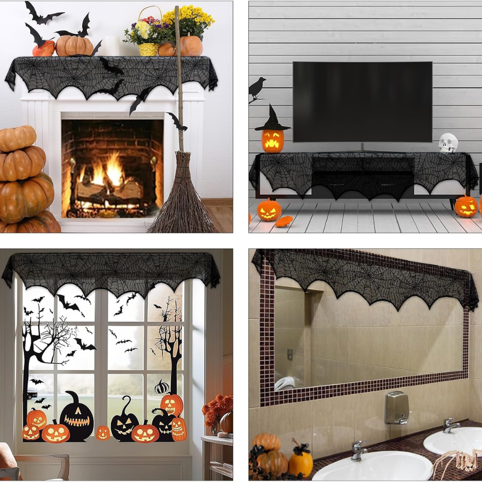 Black Lace Spiderweb Fireplace Mantle Scarf Cover 18 X 96 Spooky Halloween - Image 3