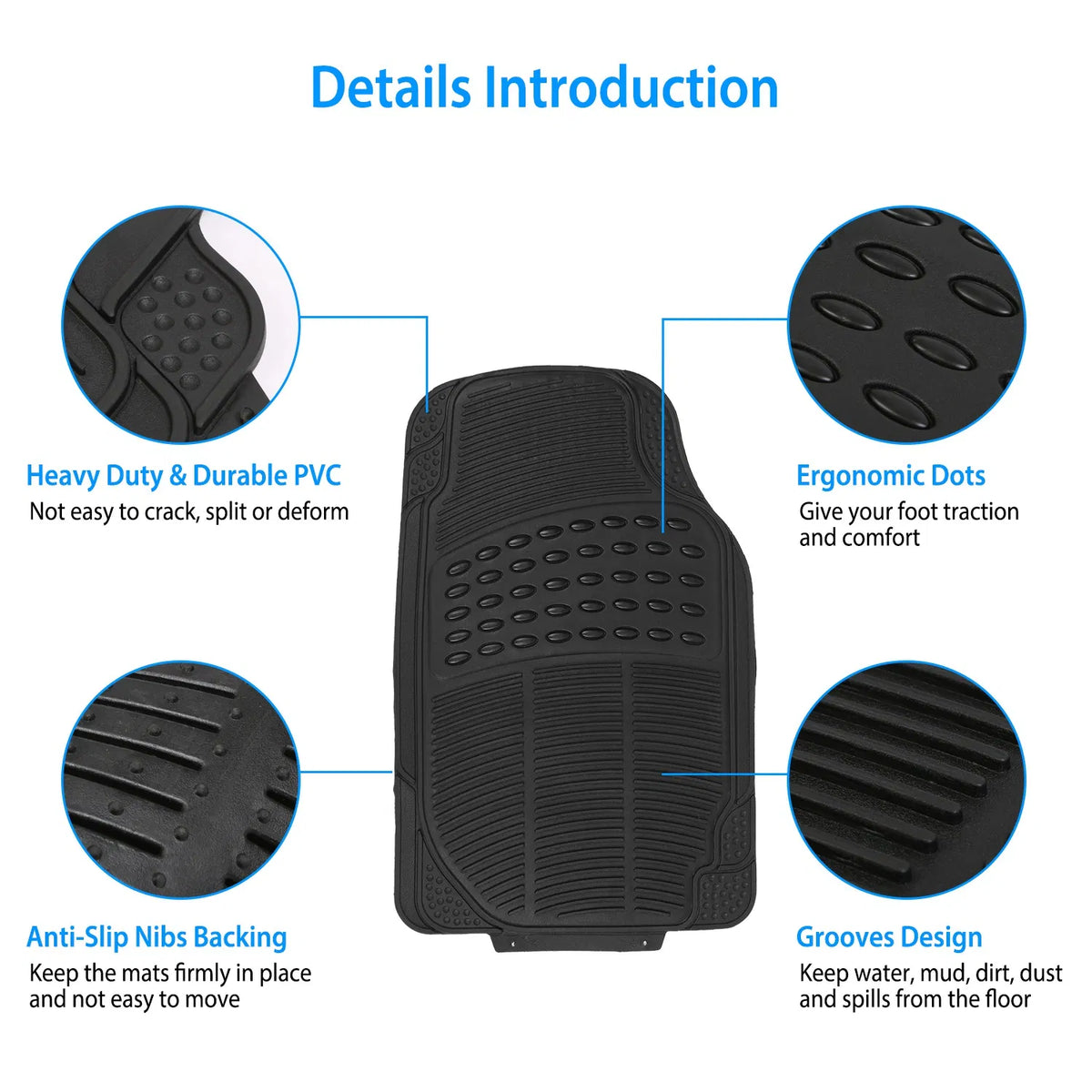 3Pcs Automotive Floor Mats Set Front Rear PVC Rubber Floor Mats Heavy Duty