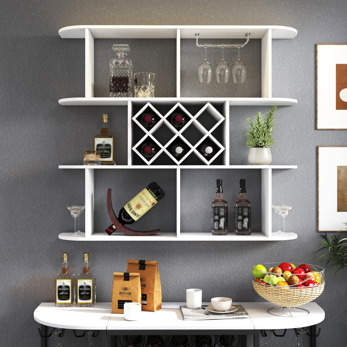 Large Wall Mounted 3 Tier Rustic Bottle Wine Rack Wooden Storage With Glass - Image 2