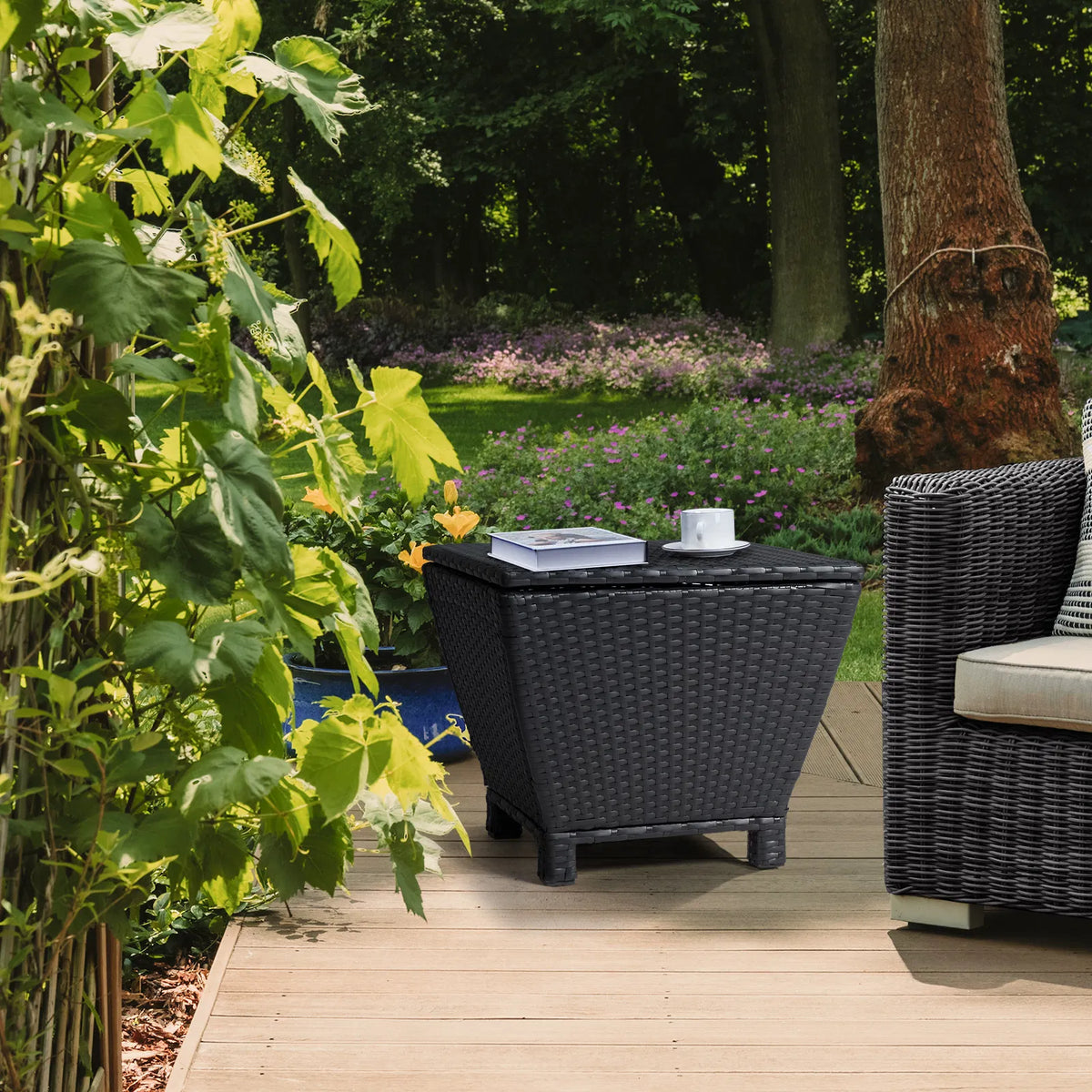 Outdoor PE Wicker Side Table With Storage Small Patio Bin Container For Hose - Image 5