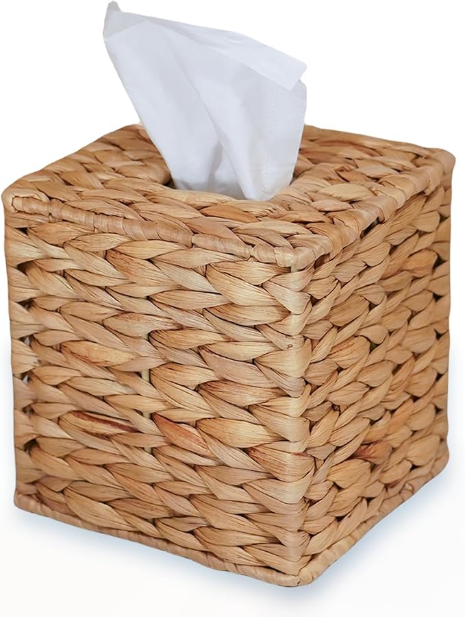 Water Hyacinth Handwoven Tissue Box Cover Natural Wicker Facial Napkin Holder