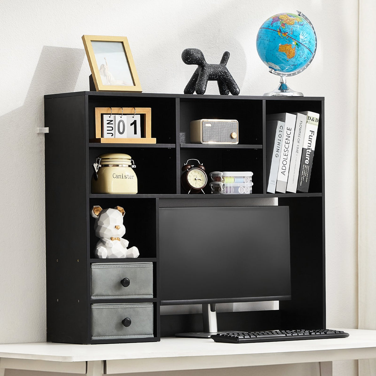 3-Tier Desktop Storage Organizer Bookshelf with Drawers - Black - In-Room Placement View