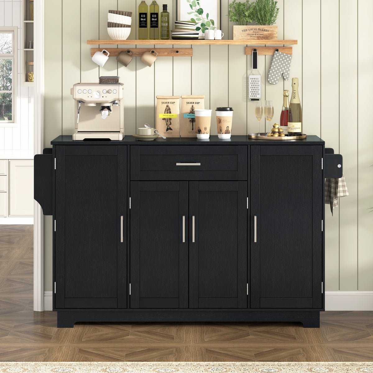 54in Black Sideboard Buffet Cabinet with Four Doors and Drawer