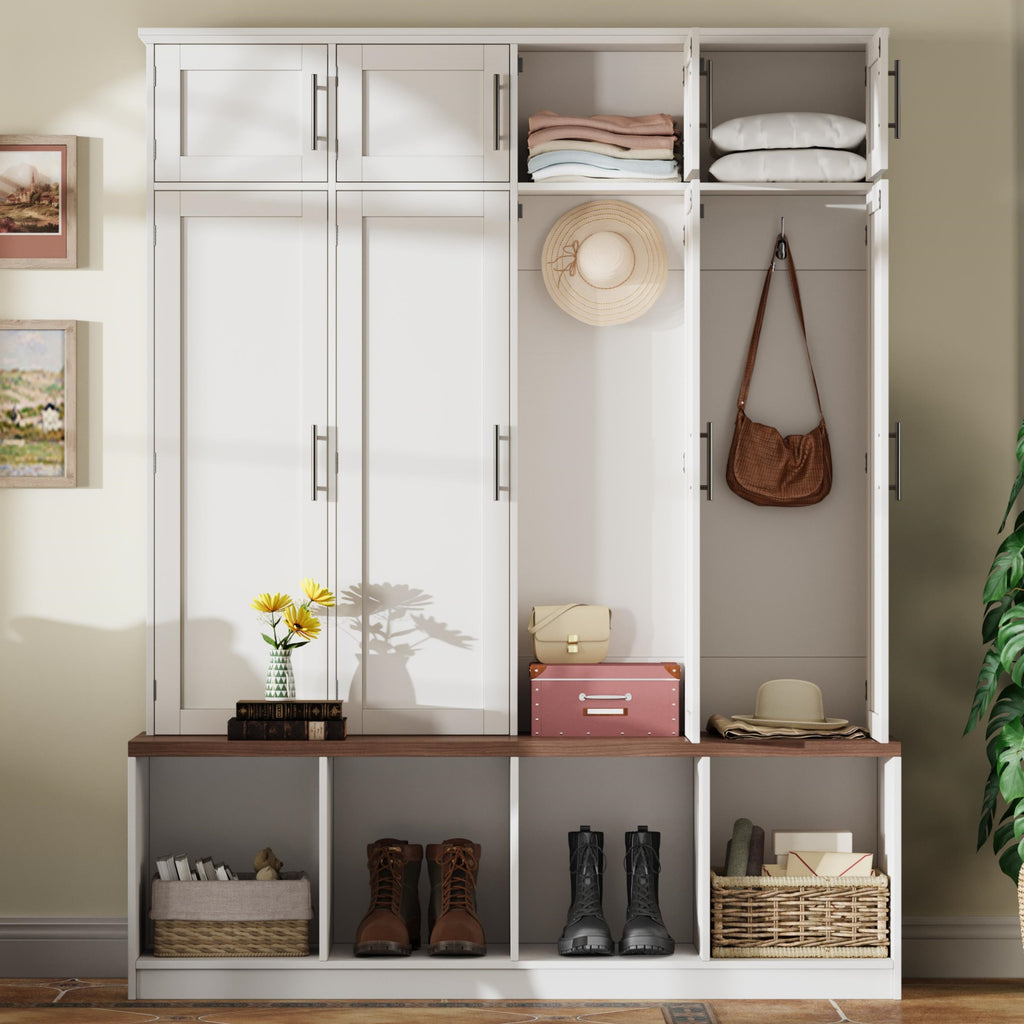 White and Walnut Farmhouse Hall Tree with Shoe Storage