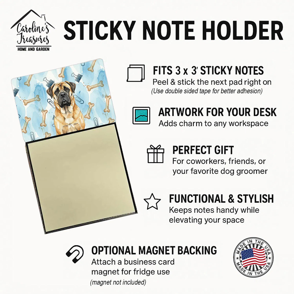 Fawn Mastiff Coworker Watercolor Sticky Note Holder Refillable Dispenser Desk - Image 2