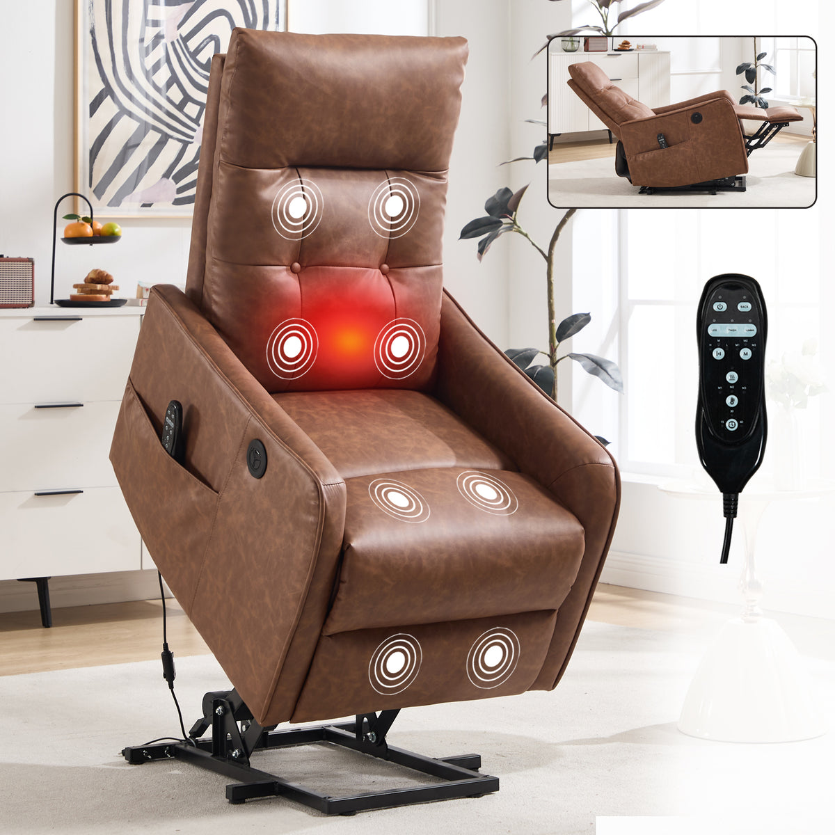 Brown PU Single Motor Power Lift Recliner Chair with Massage and Heat for