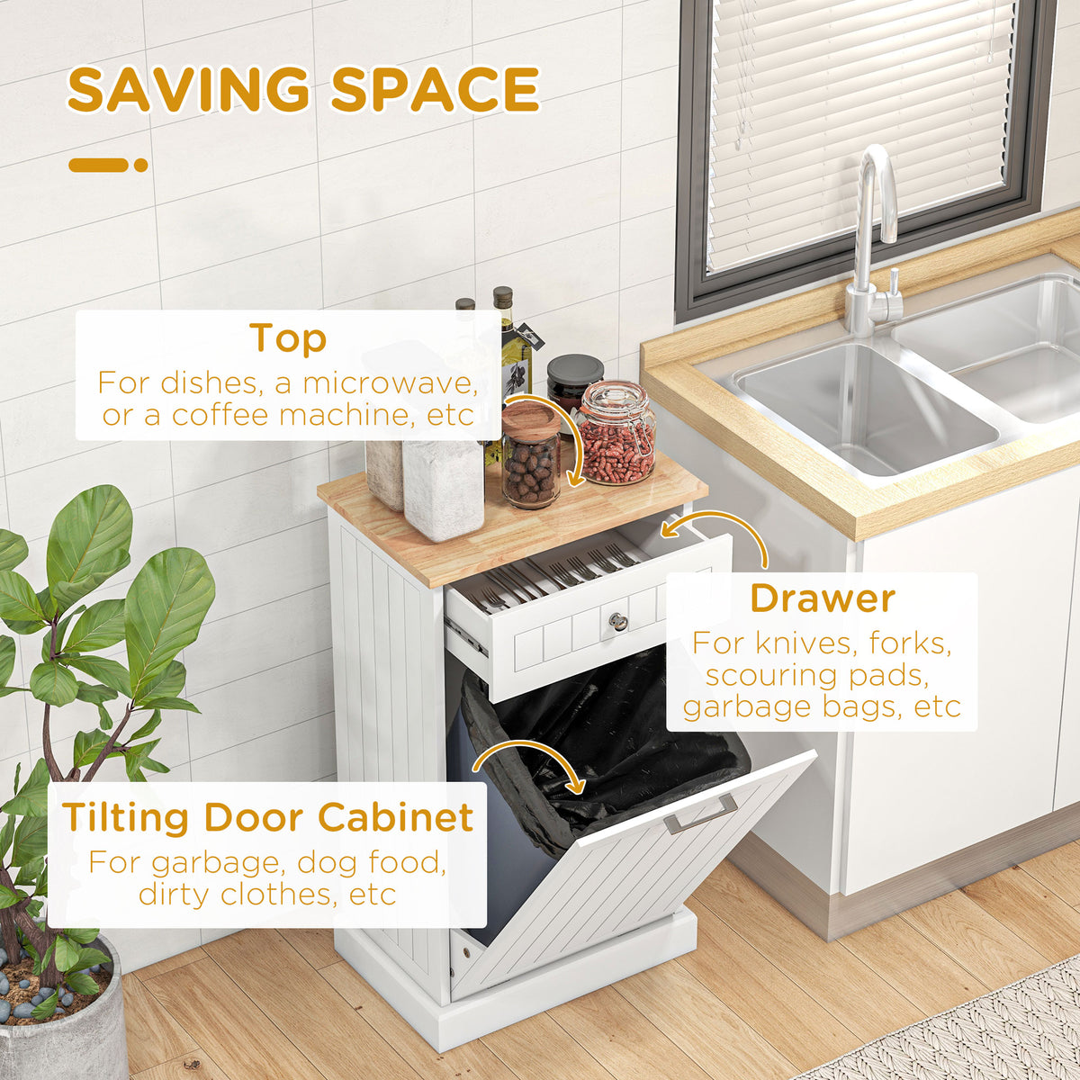 10 Gallon Tilt Out Trash Cabinet Wooden Hidden Trash Can with Storage Drawer - Image 3