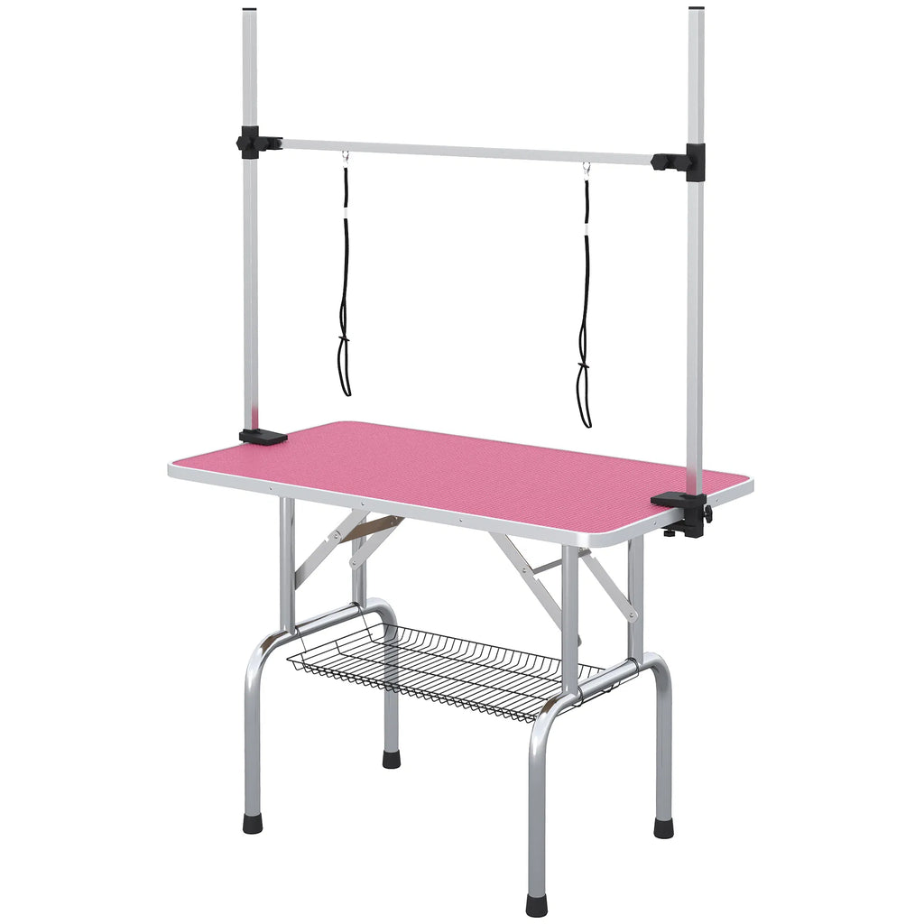 Adjustable Dog Grooming Table with 2 Safety Slings Storage Basket Pink - Image 5