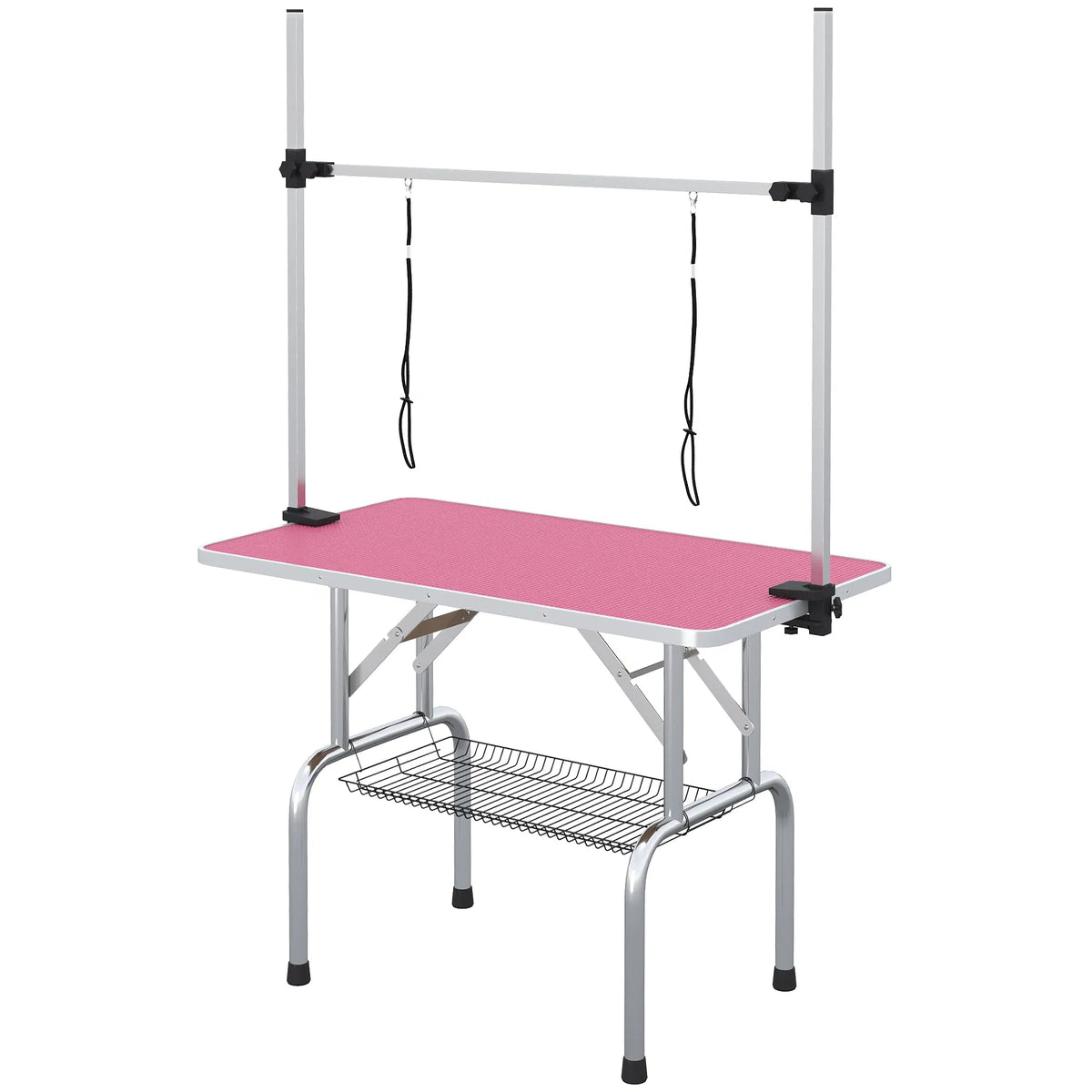 Adjustable Dog Grooming Table with 2 Safety Slings Storage Basket Pink - Image 5